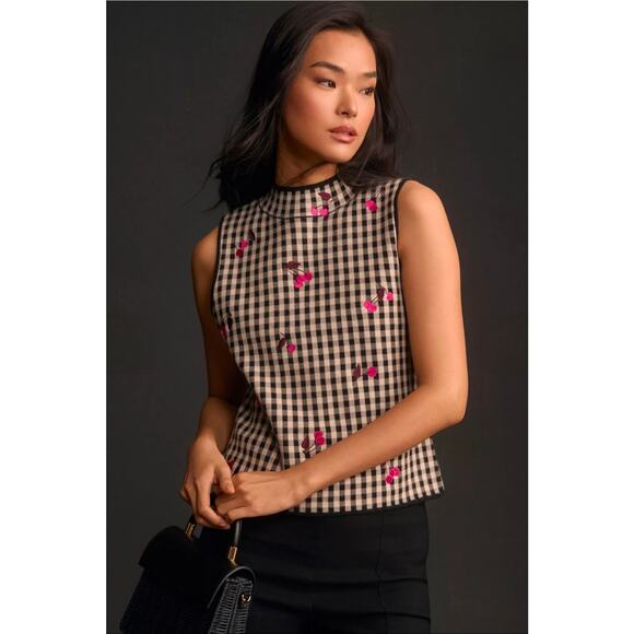 Maeve Sleeveless Mock Neck Plaid & Cherries Sweater Tank. Retails $98 - Picture 1 of 11
